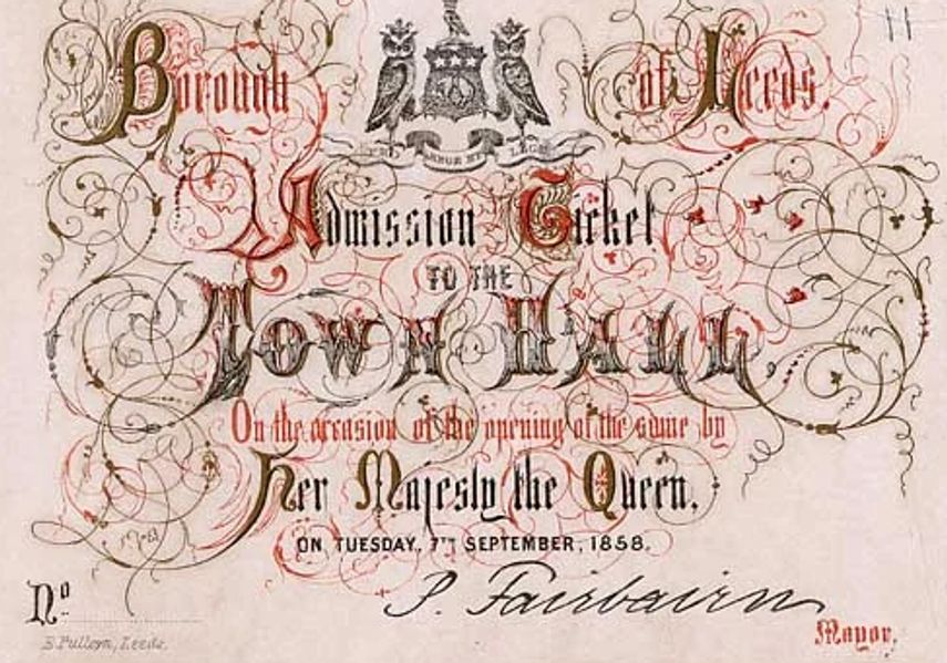 Admission ticket for Leeds Town Hall opening event