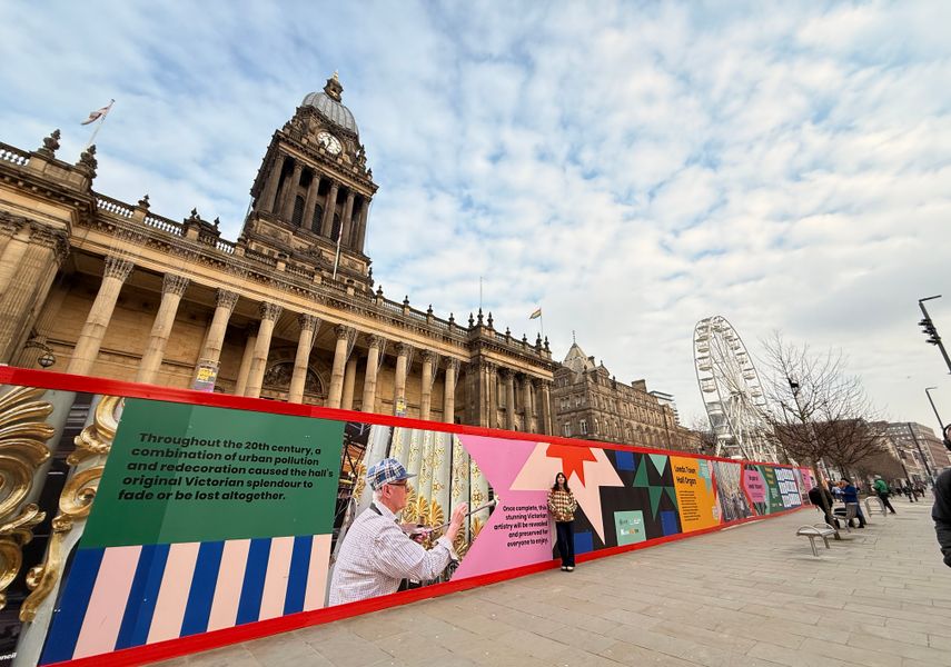 Leeds Town Hall with hoardings